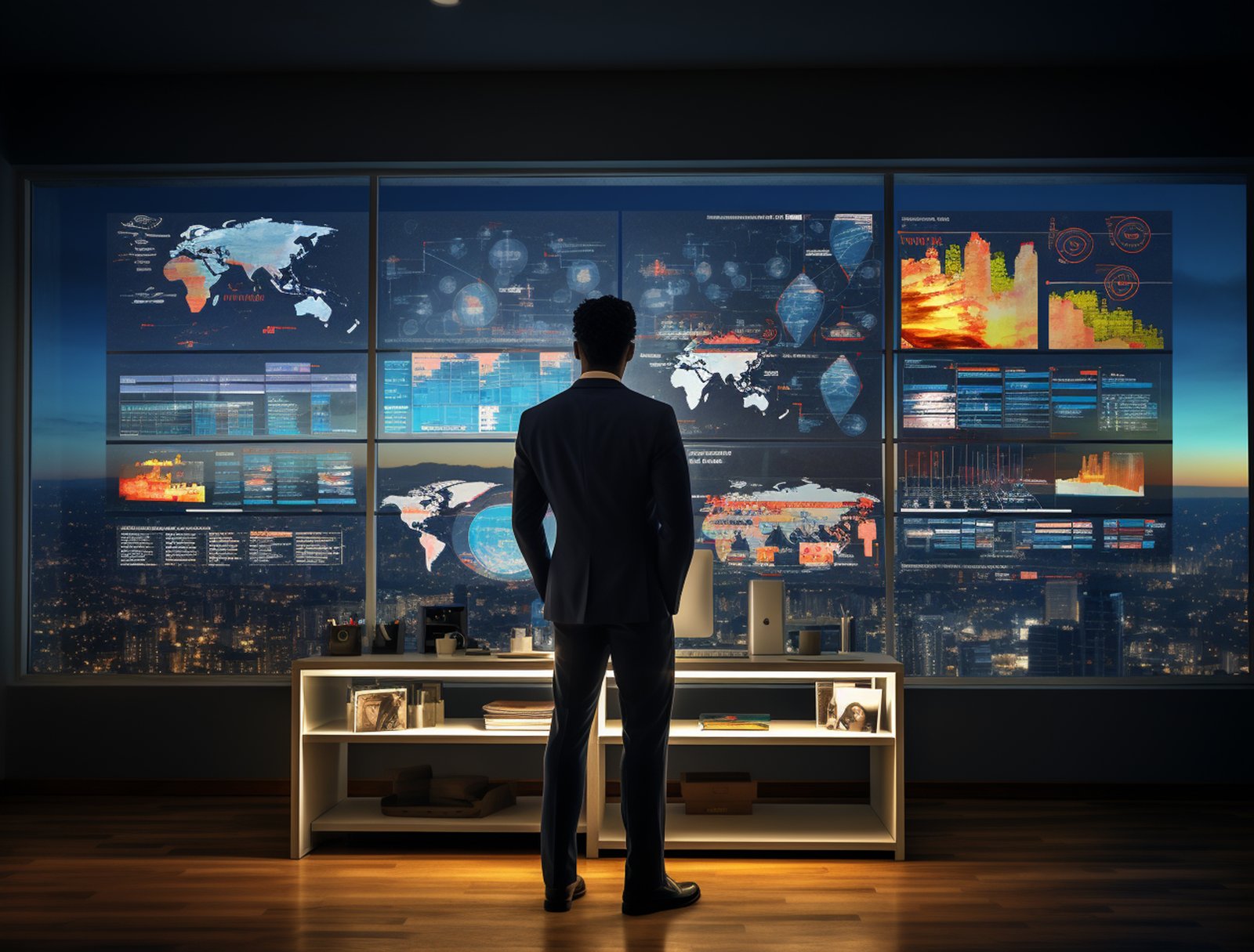 Silhouetted executive facing a wall of holographic screens showing world maps and data grids