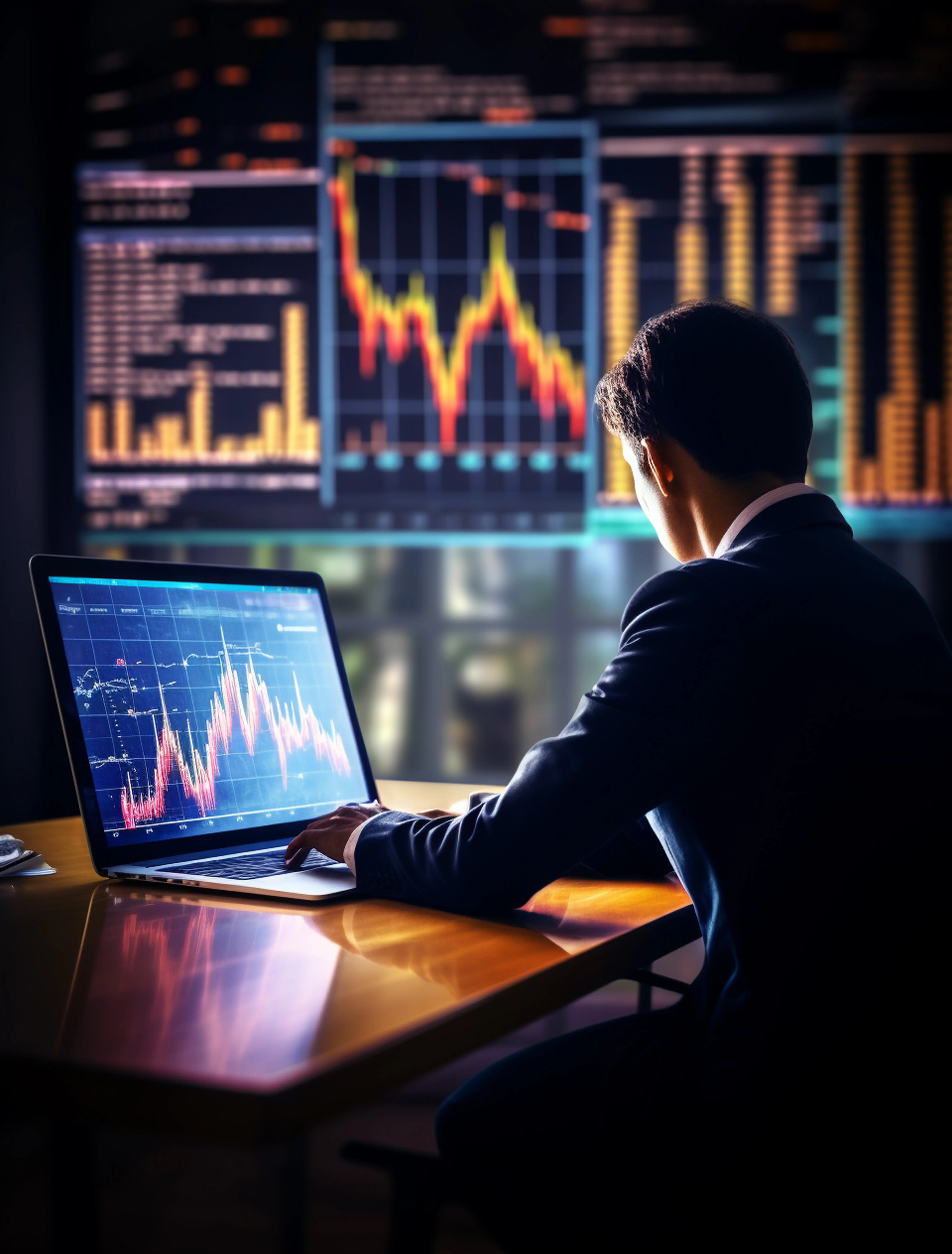 Silhouetted analyst at a laptop reviewing red and gold candlestick charts against a data wall