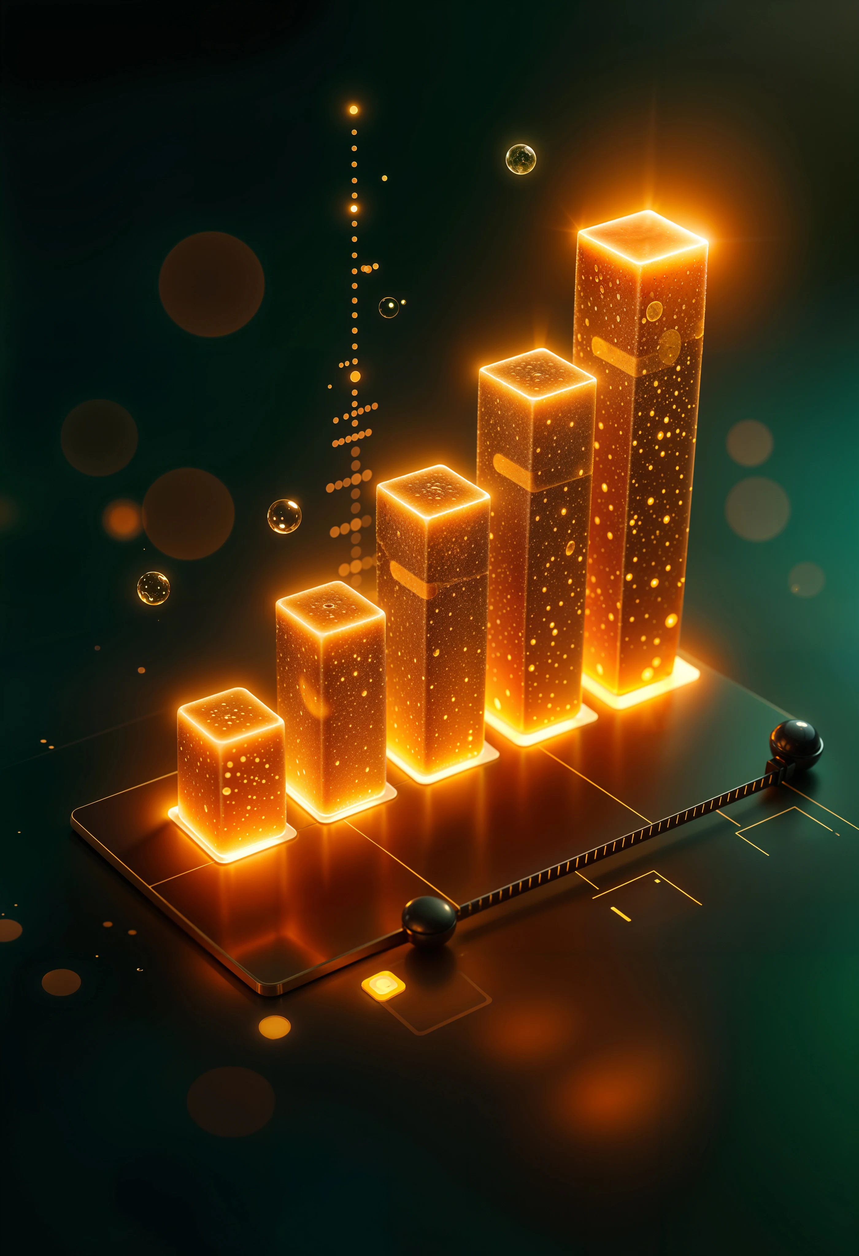 Glowing 3D ascending bar chart with a small abacus and timeline motif at its base