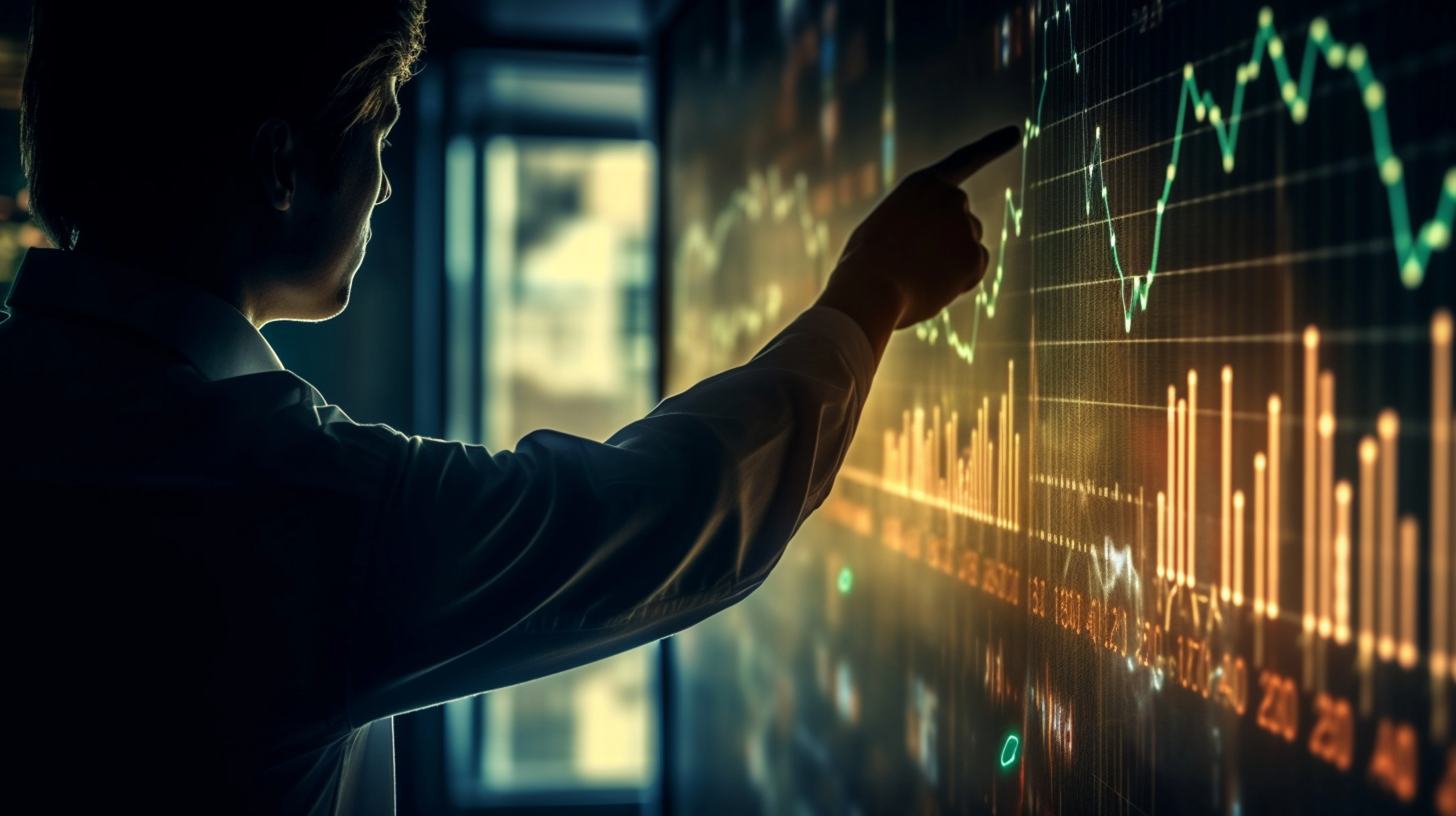 Silhouette pointing at a large data wall